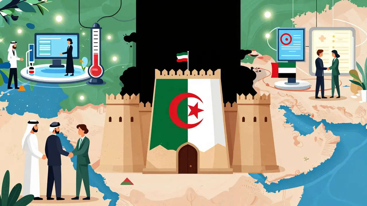 Conceptual cartoon comparing Algeria's strict crypto isolation with neighboring countries' open regulations.
