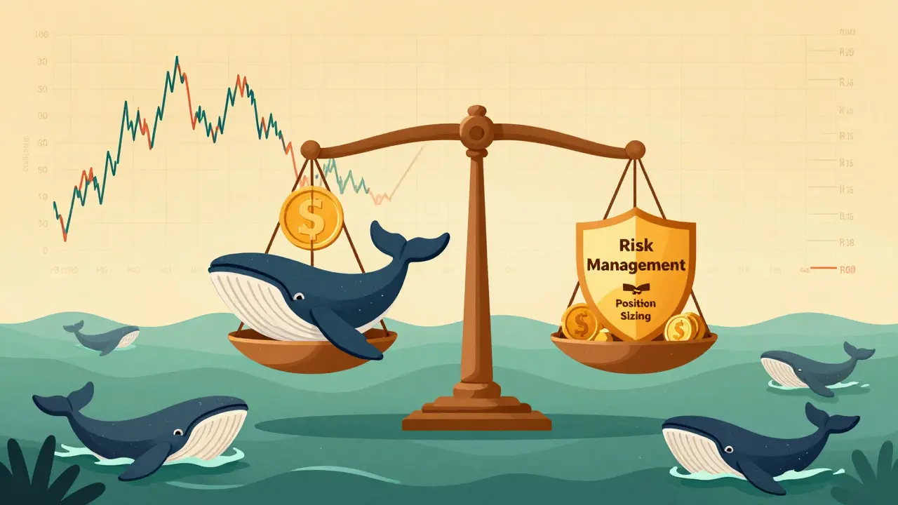 Editorial art showing risk management tools balancing against whale market moves