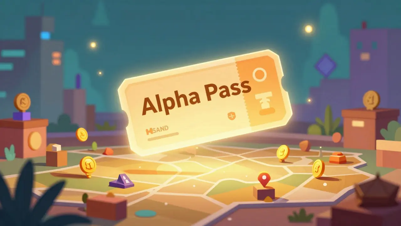 Glowing Alpha Pass NFT hovering over virtual land parcels in a metaverse map