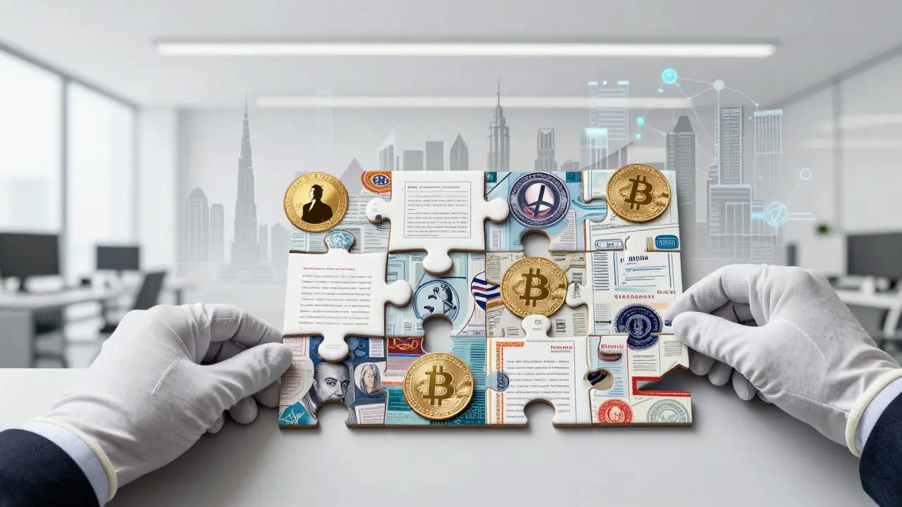 Hands assembling complex puzzle of crypto, visas, and legal docs
