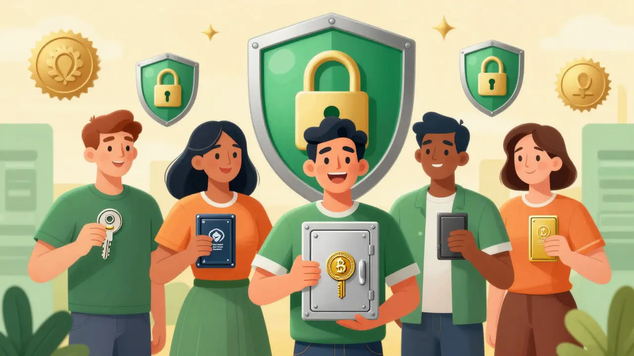 Happy users holding hardware wallets and security shields, symbolizing safe and regulated crypto trading