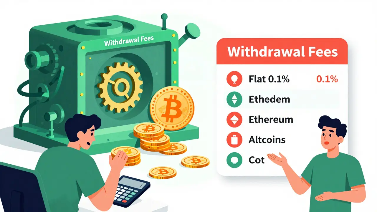 Illustration comparing flat trading fees versus complex withdrawal costs