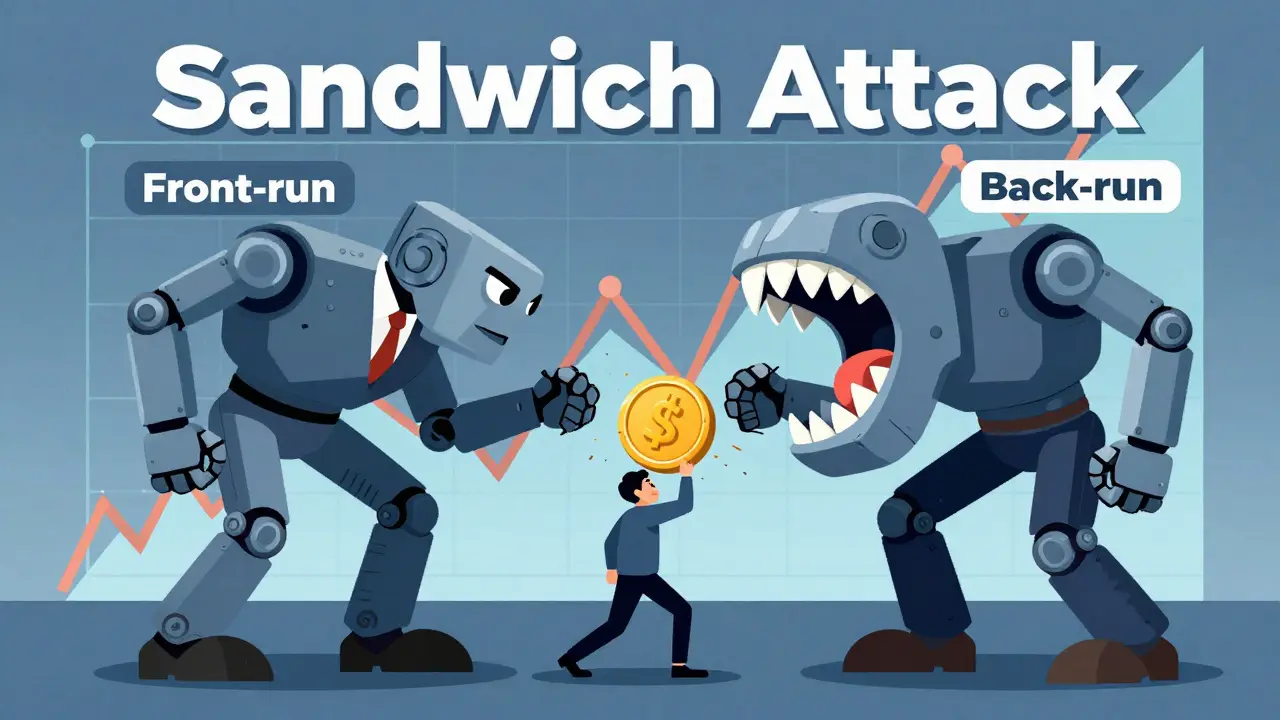 Illustration of a sandwich attack squeezing a user's trade between bots