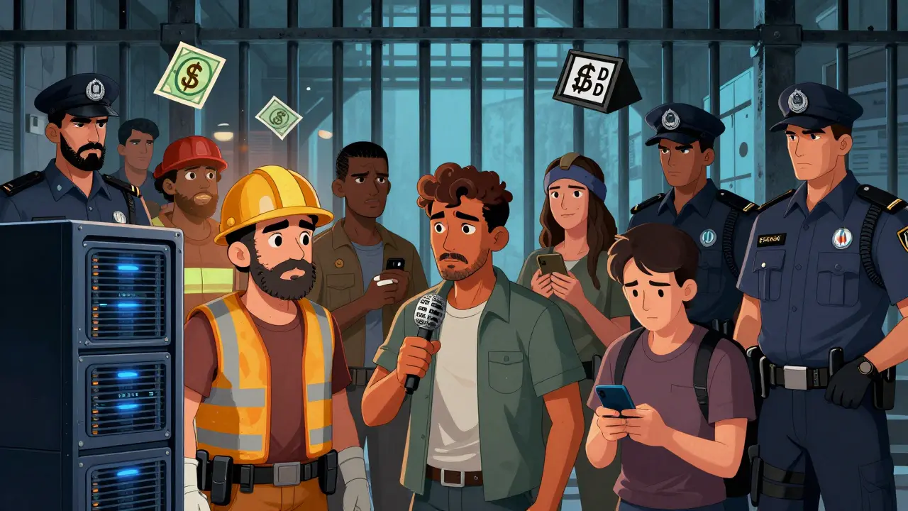 Illustration of Algerian citizens facing prison and fines for crypto activities under the new 2025 law.