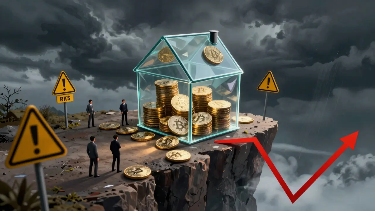 Illustration of fragile crypto tokens on a cliff edge, symbolizing market risk and volatility.