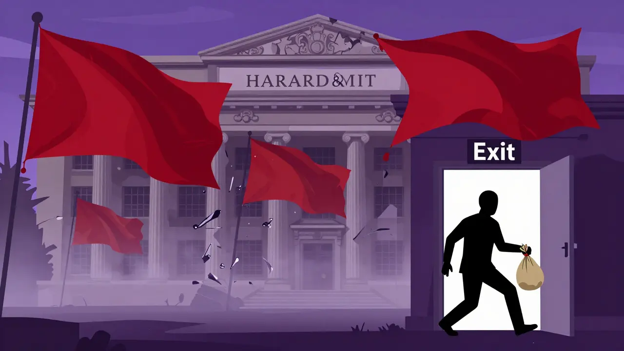Illustration of red flags and a shadowy figure escaping, representing crypto scams and lack of transparency