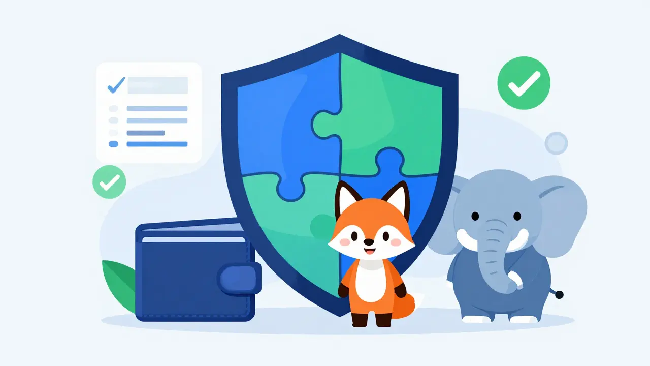 Illustration of shield protecting crypto wallet mascots for security