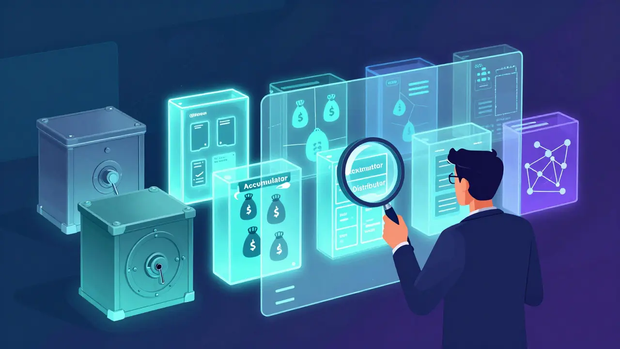 Illustration of trader analyzing different types of crypto wallets on blockchain