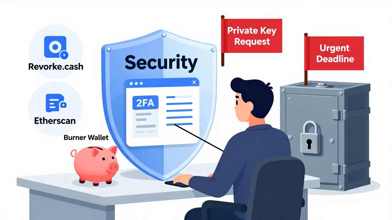 Illustration of web3 security practices including burner wallets and blocking phishing attempts.