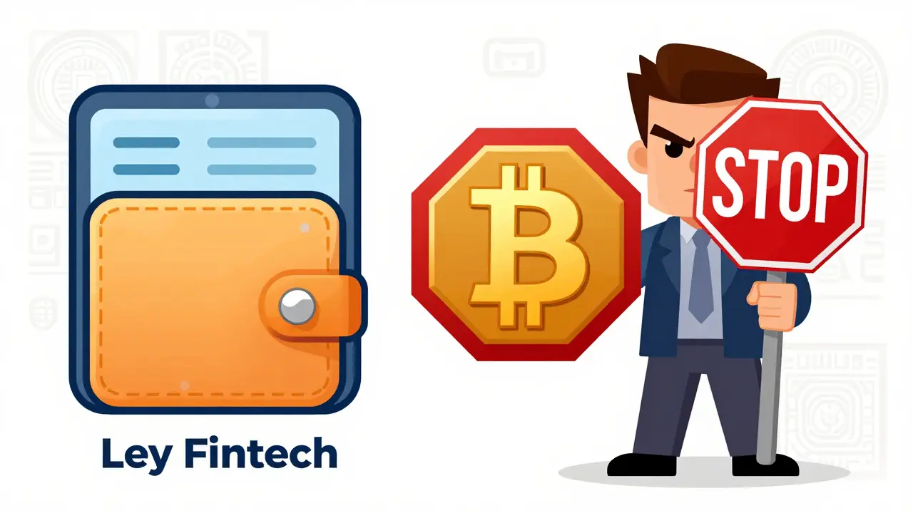 Illustration showing a Bitcoin symbol blocked by a bank regulator, representing crypto restrictions in Mexico.