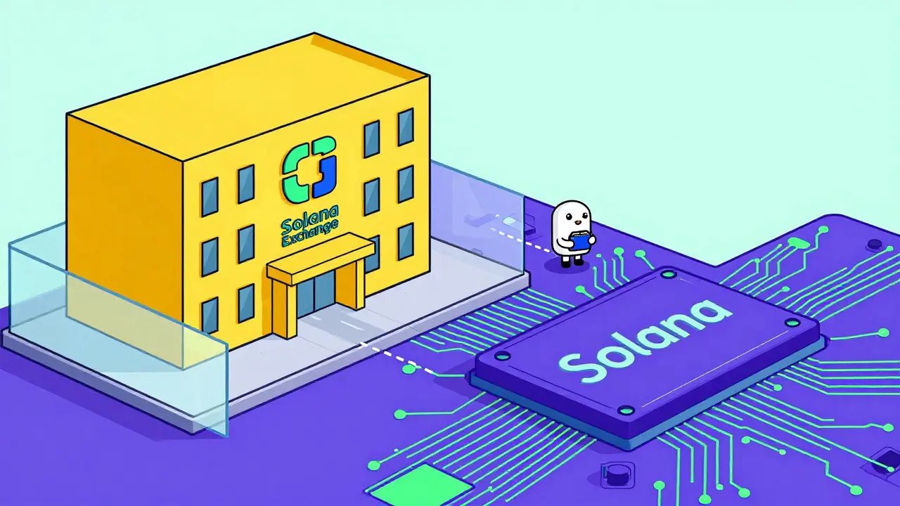 Illustration showing a token on Solana blockchain separate from the exchange building.