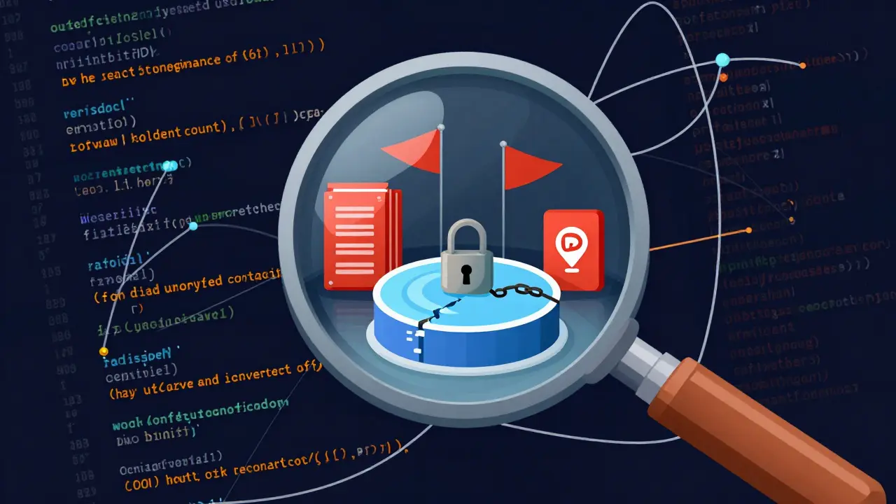Magnifying glass revealing red flags in crypto token contract and liquidity.