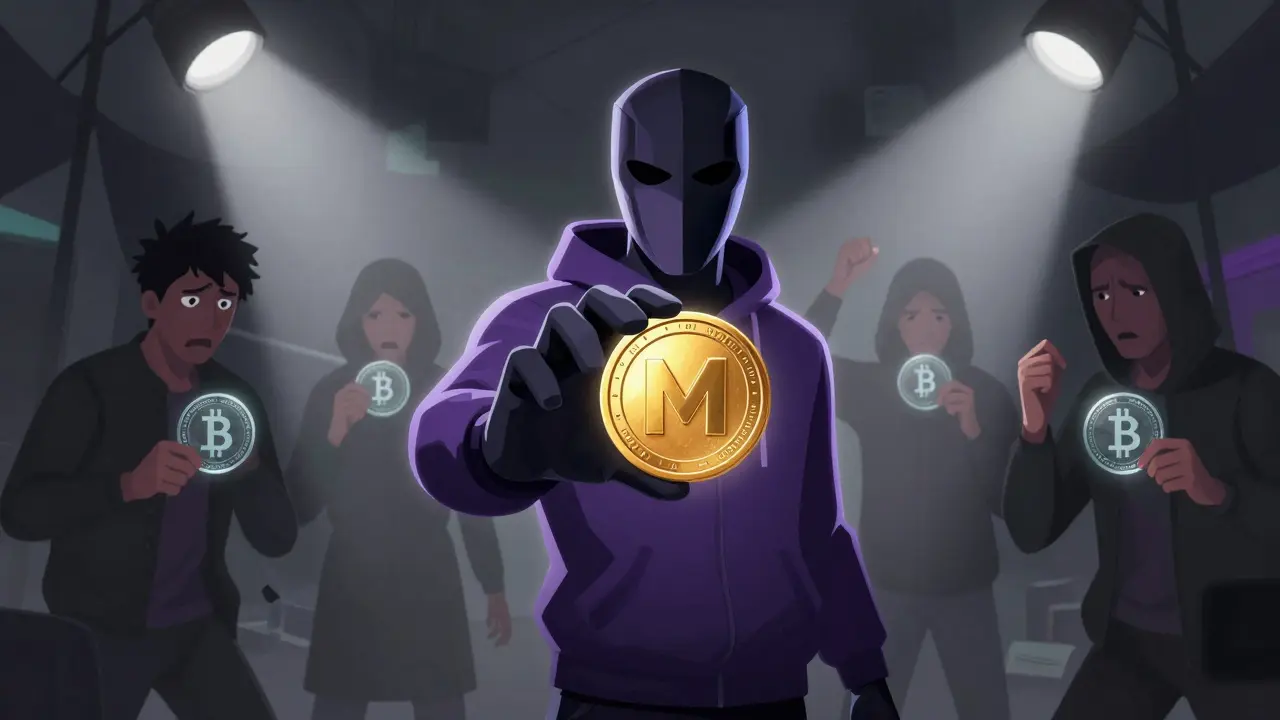 Masked trader holding valuable privacy coin while others stand exposed