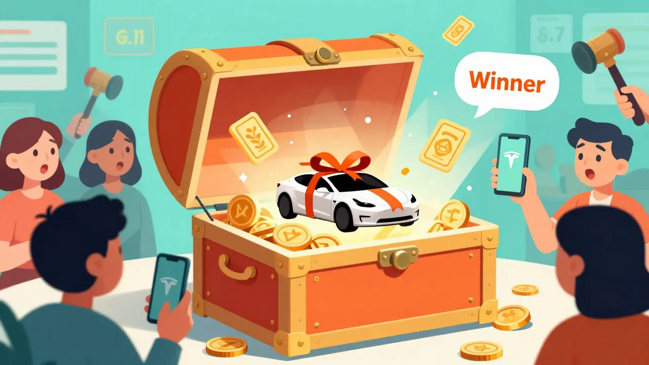 Open treasure chest revealing a Tesla car and NFT rewards