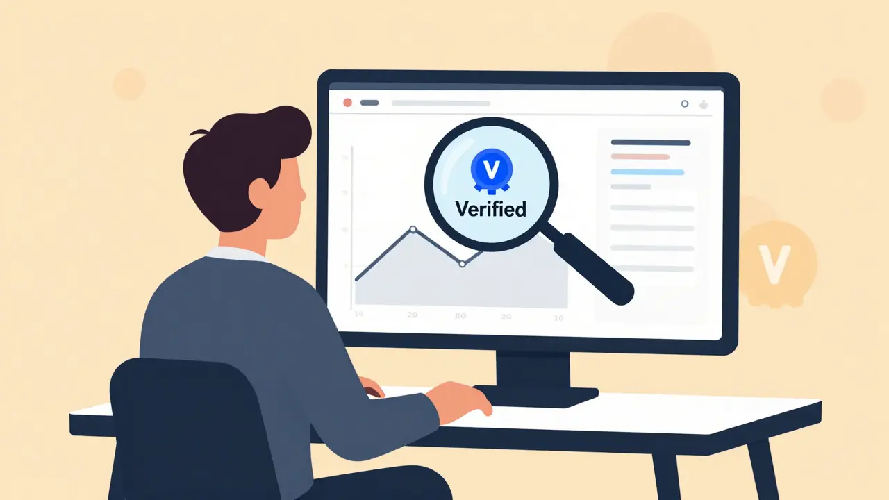 Person researching verified crypto project on dashboard illustration