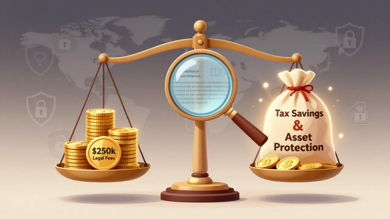 Scale weighing high legal fees against massive crypto tax savings