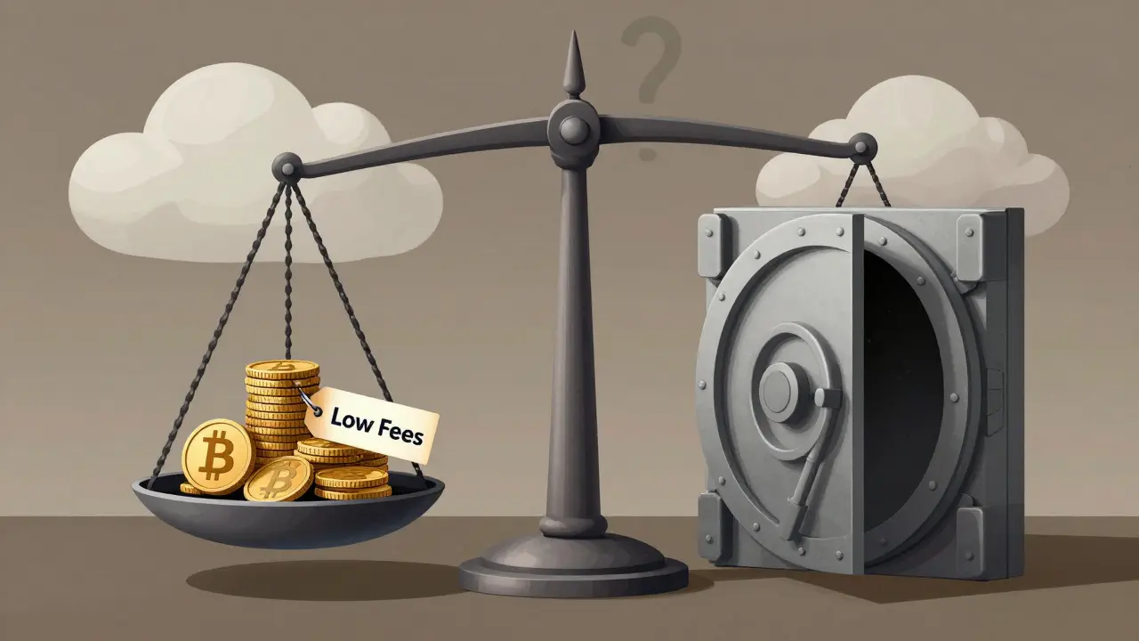 Scale weighing low fees against security transparency risks