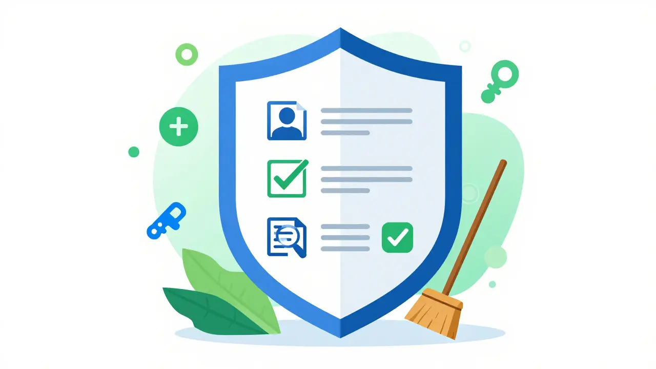 Shield illustration with security checklist icons for file safety