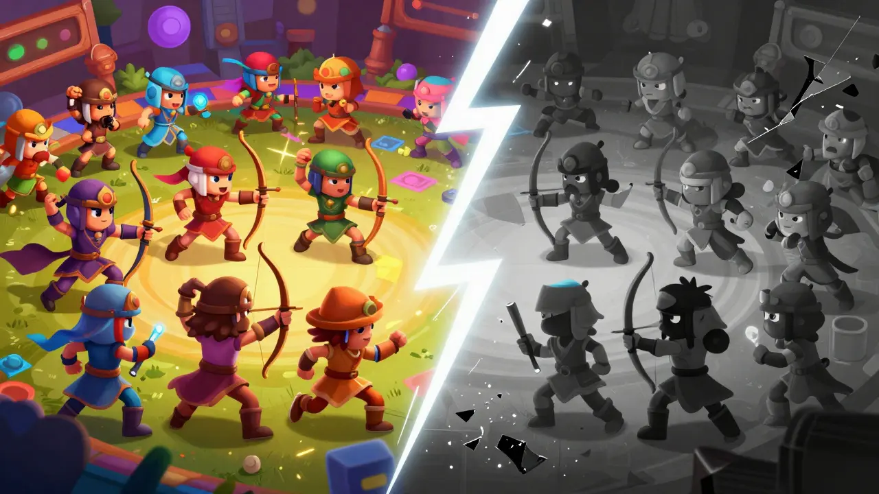 Split image of vibrant game characters vs fading ghosts
