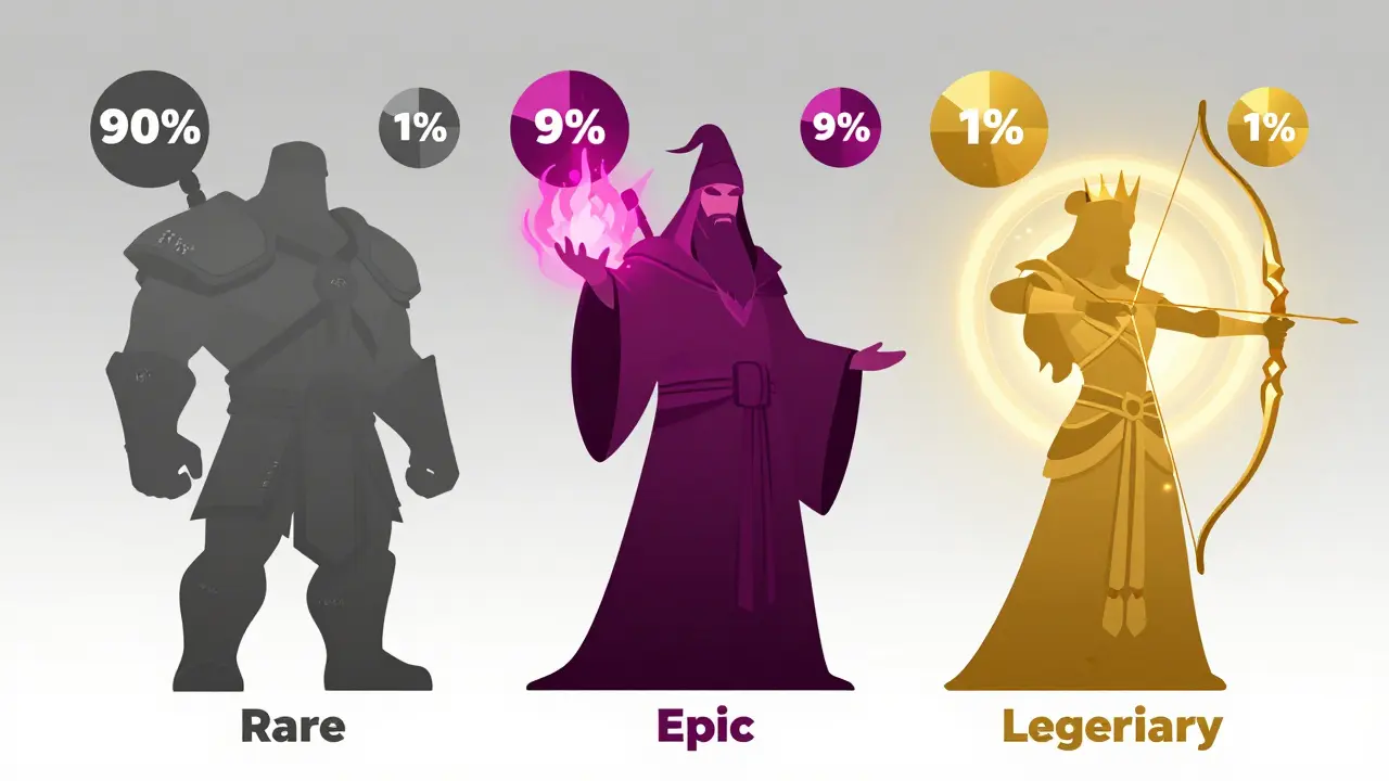Three NFT character classes showing rare, epic, and legendary tiers