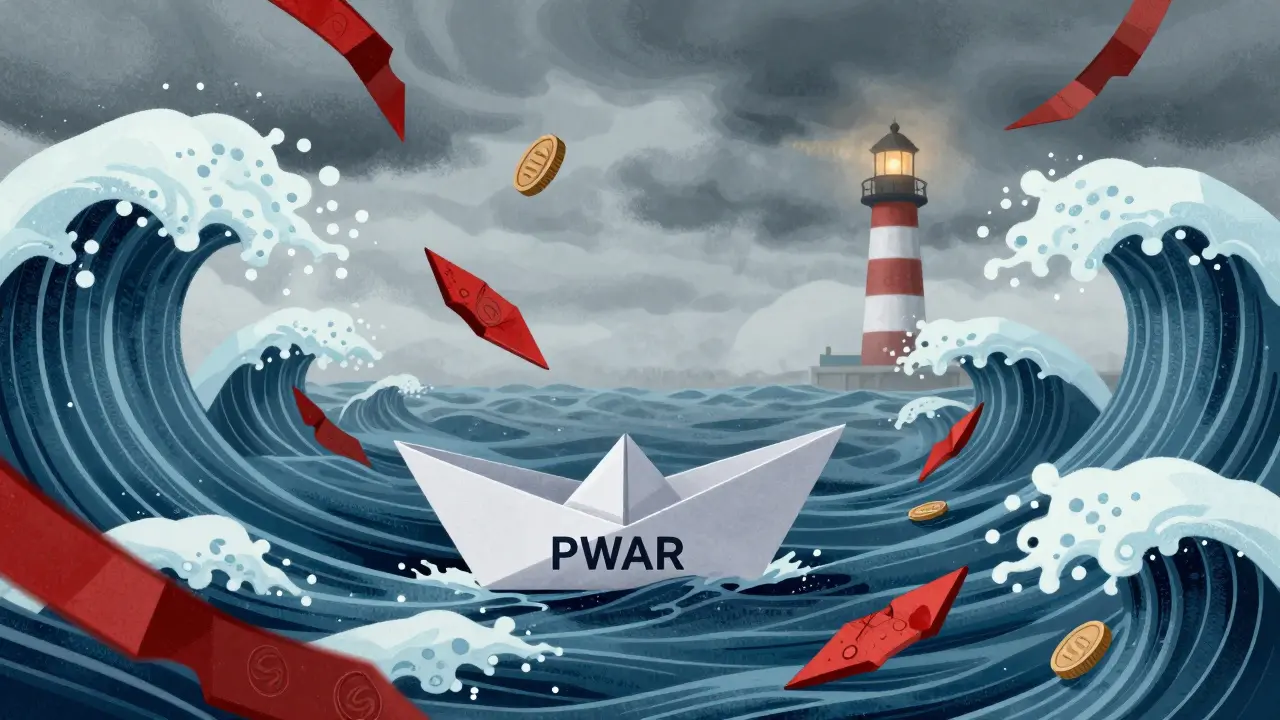 Tiny boat struggling against waves of falling crypto charts