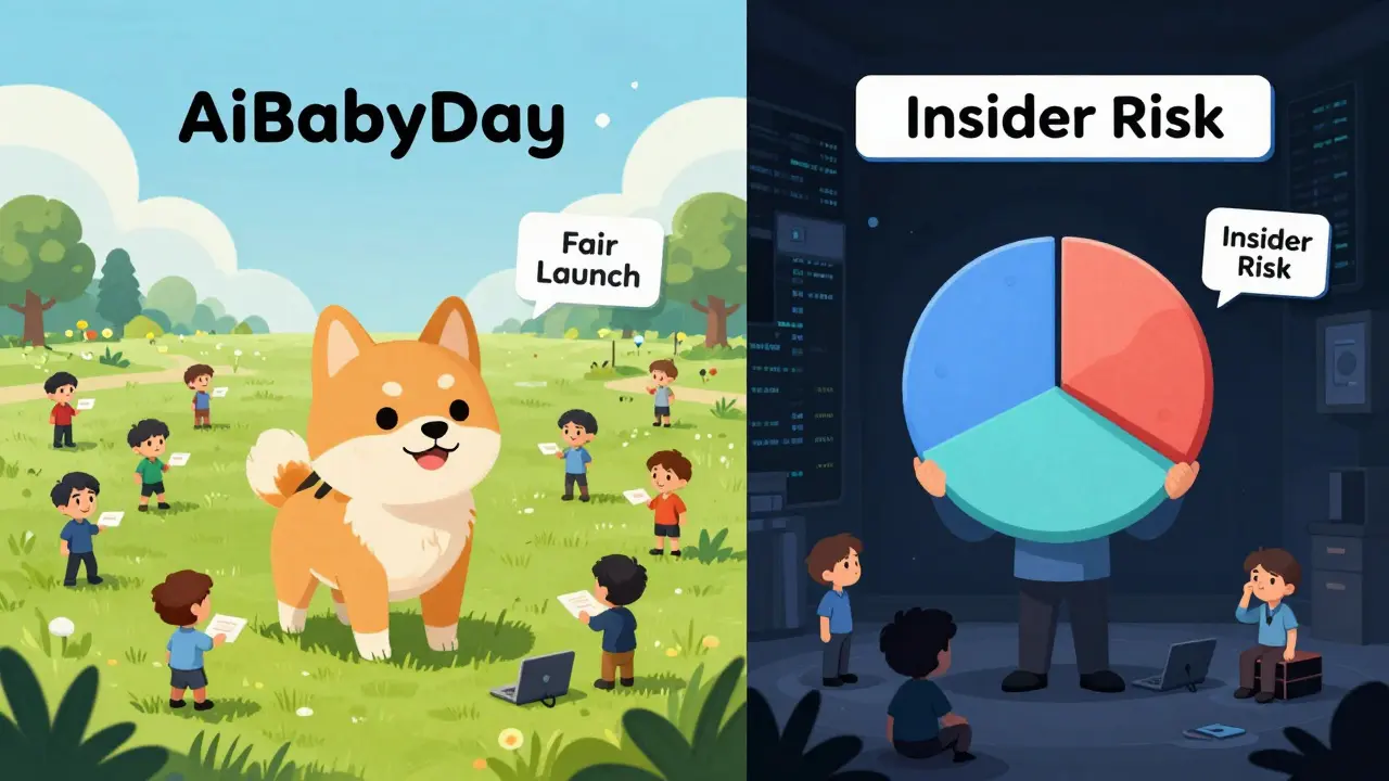 A split-screen comparison illustration: the left side depicts a bright, open environment with equal community sharing and no founder holdings, while the right side shows a dark, unequal distribution with insider risk, highlighting the structural differences between AIBabyDoge and traditional meme coins.