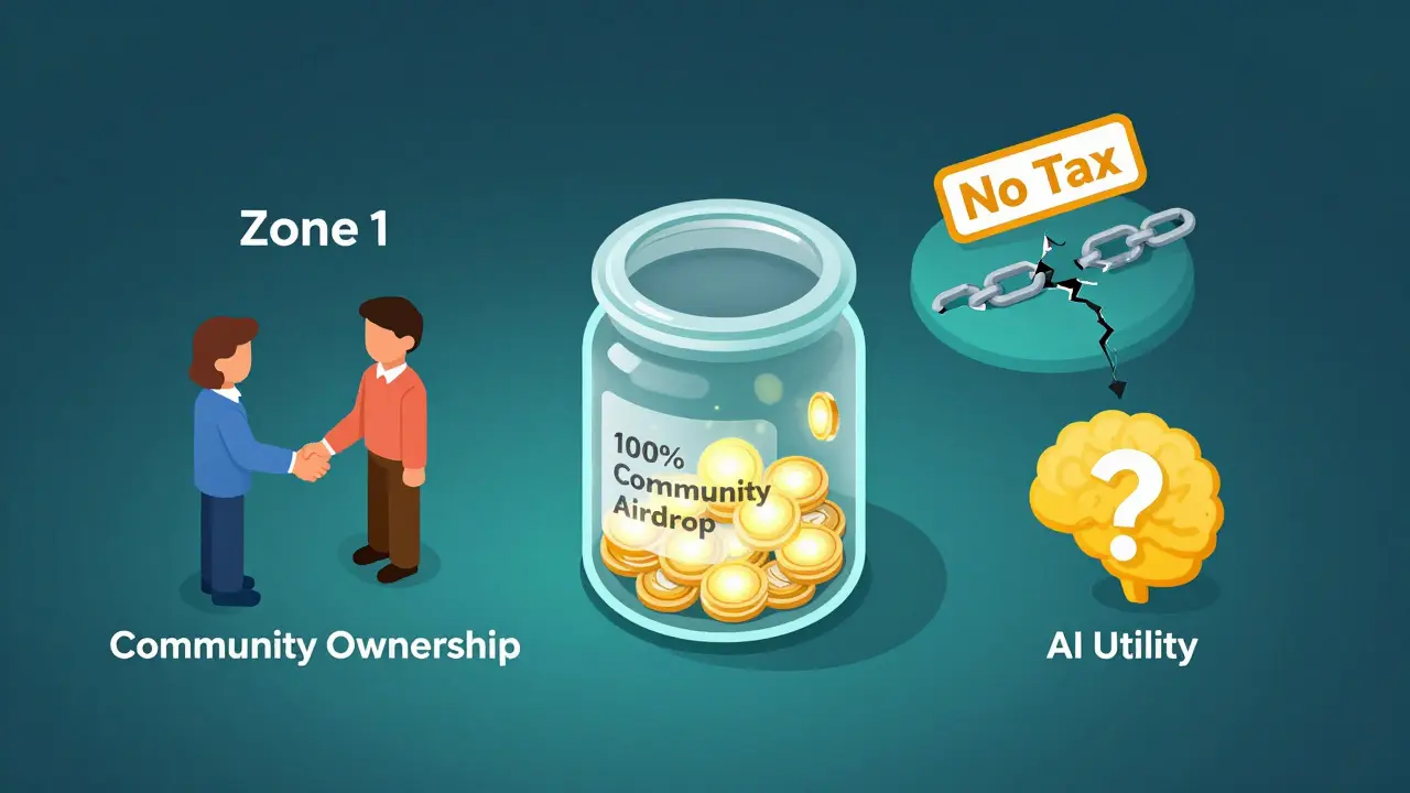 An isometric illustration of a glass jar filled with community tokens, surrounded by symbols for zero taxes, community ownership, and unproven AI utility, set against a backdrop suggesting market instability.