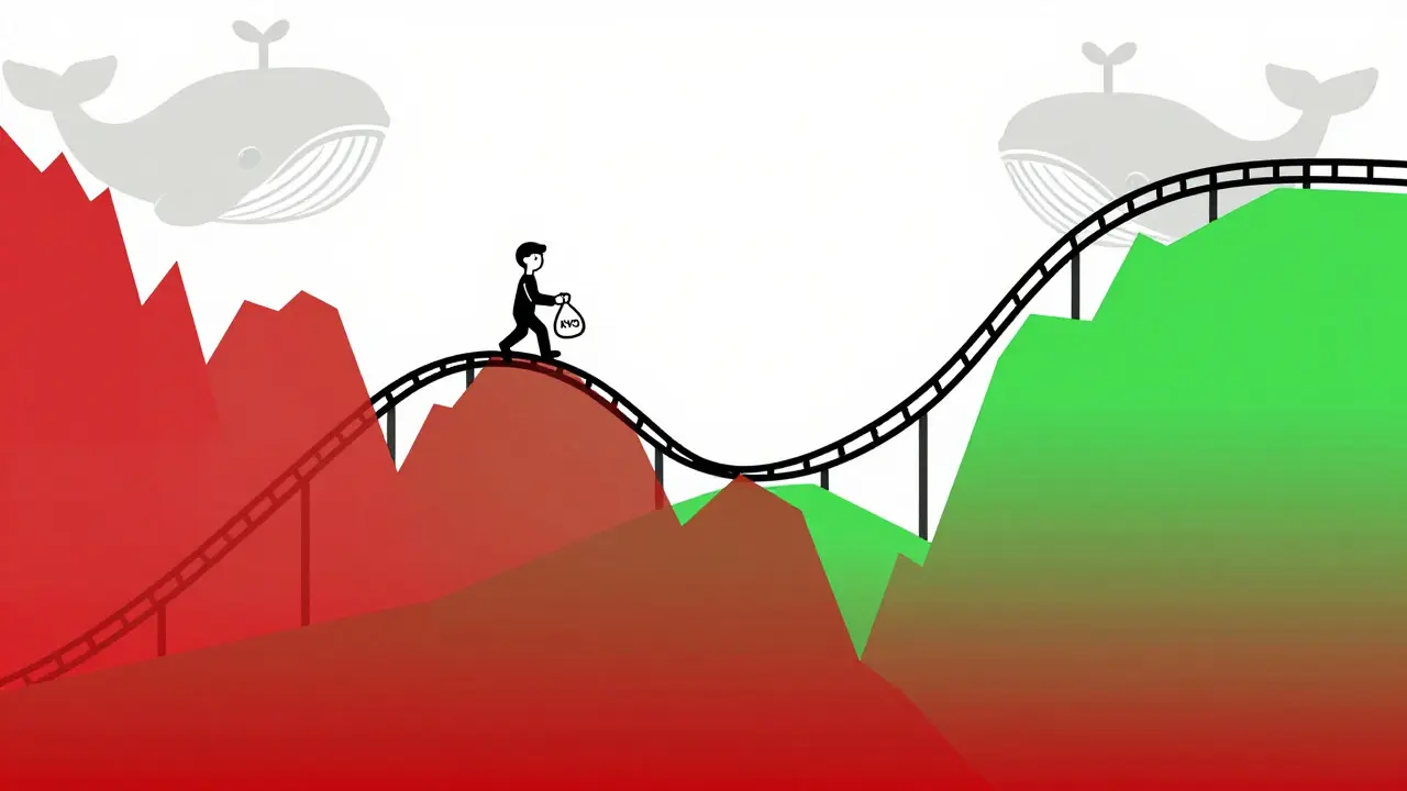 Cartoon character riding a volatile crypto chart rollercoaster