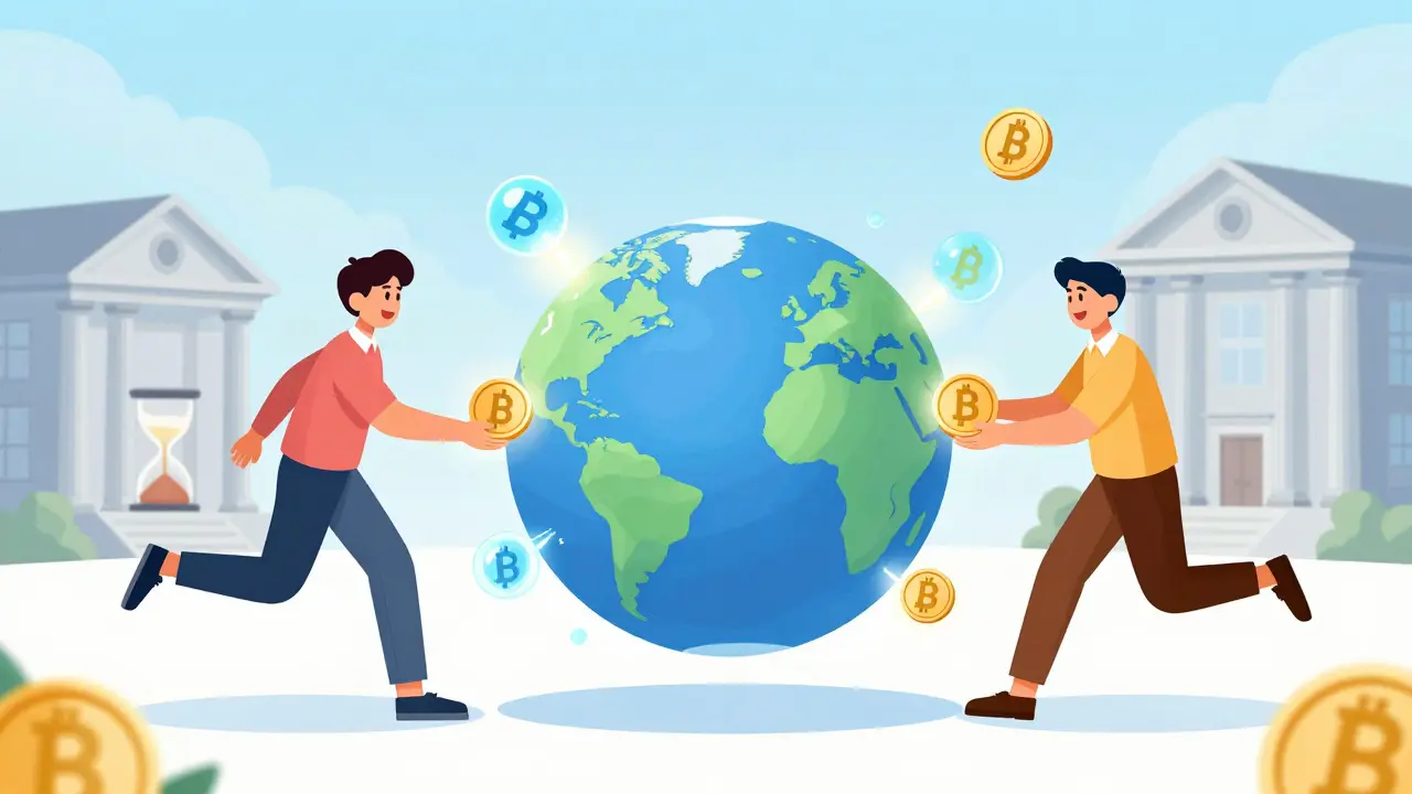 Cartoon of instant global payments replacing slow bank transfers