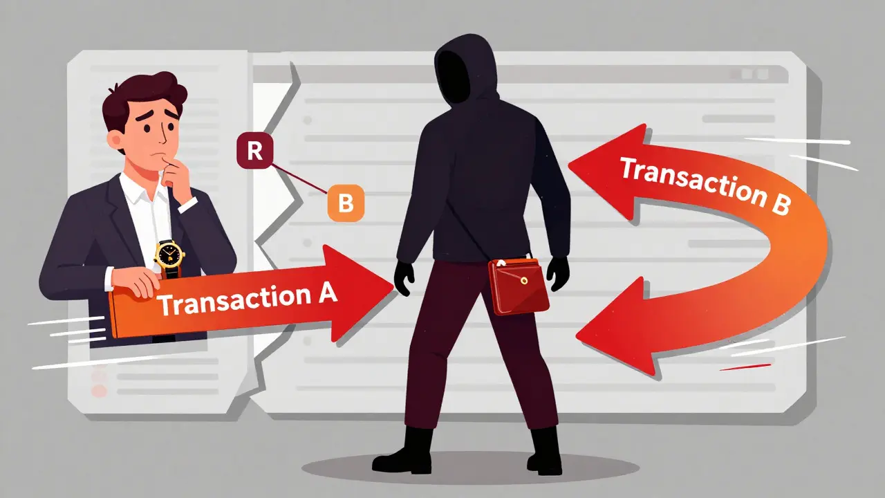 Cartoon of race attack with conflicting crypto transactions