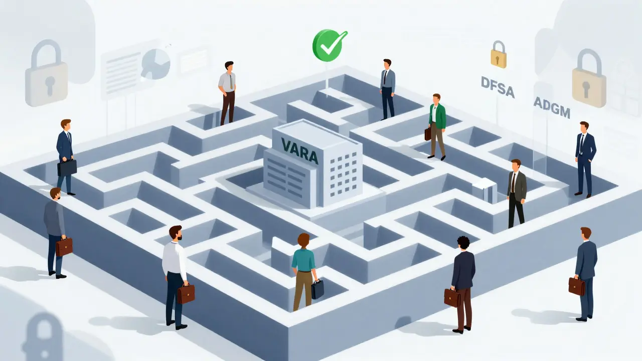Cartoon of startups choosing between VARA and other regulators with consultant guidance