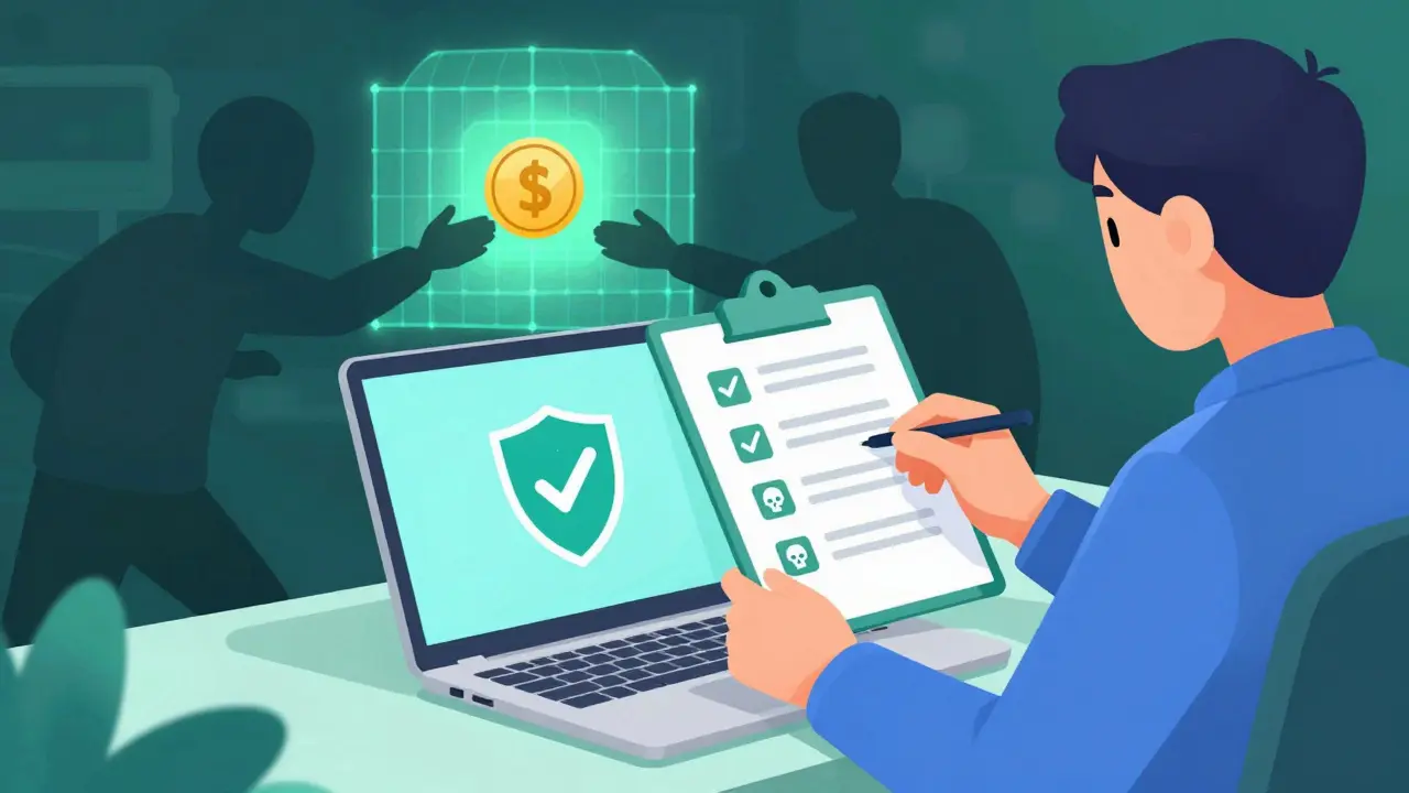 Cartoon of user using burner wallet and checklist to avoid crypto scams