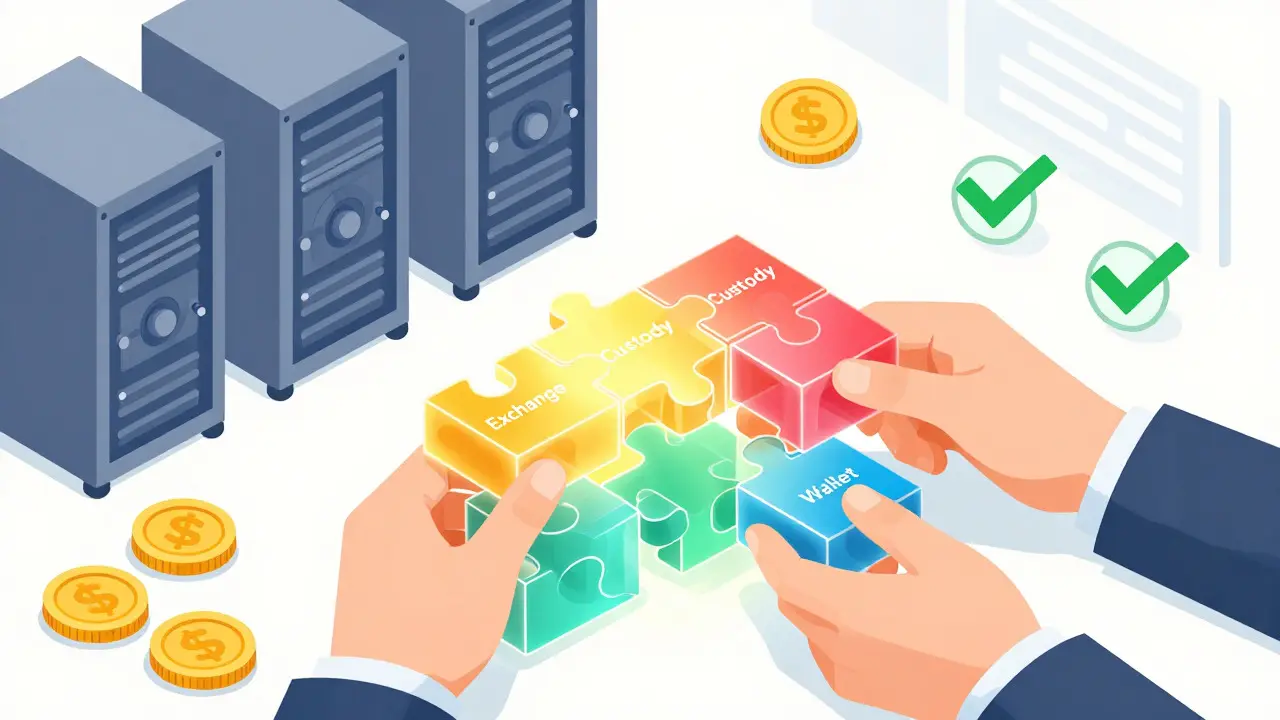 Cartoon showing modular crypto licensing blocks like exchange and custody being assembled.