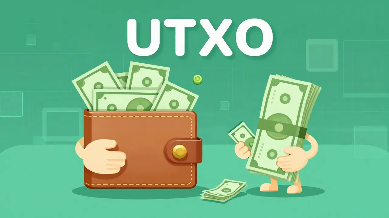 Cartoon showing UTXO consolidation by grouping small cash bills into larger bundles.