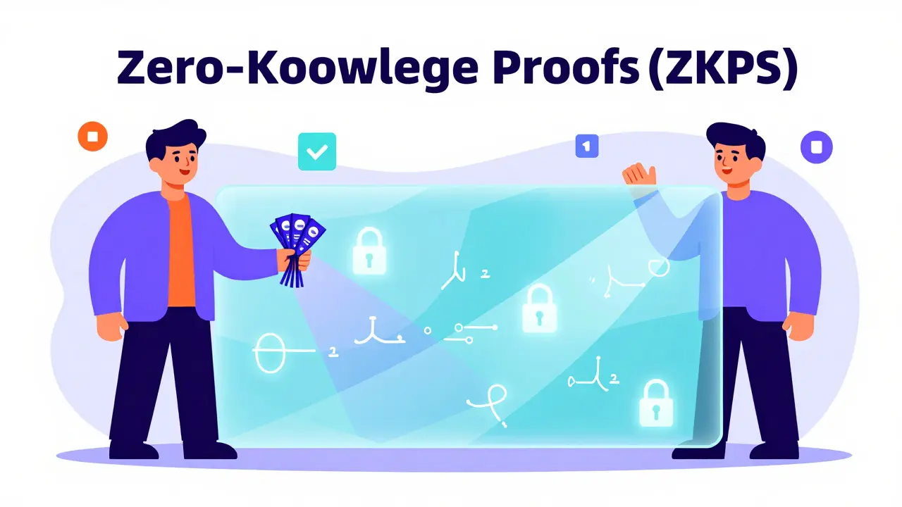 Cartoon showing zero-knowledge proof concept with hidden transaction details