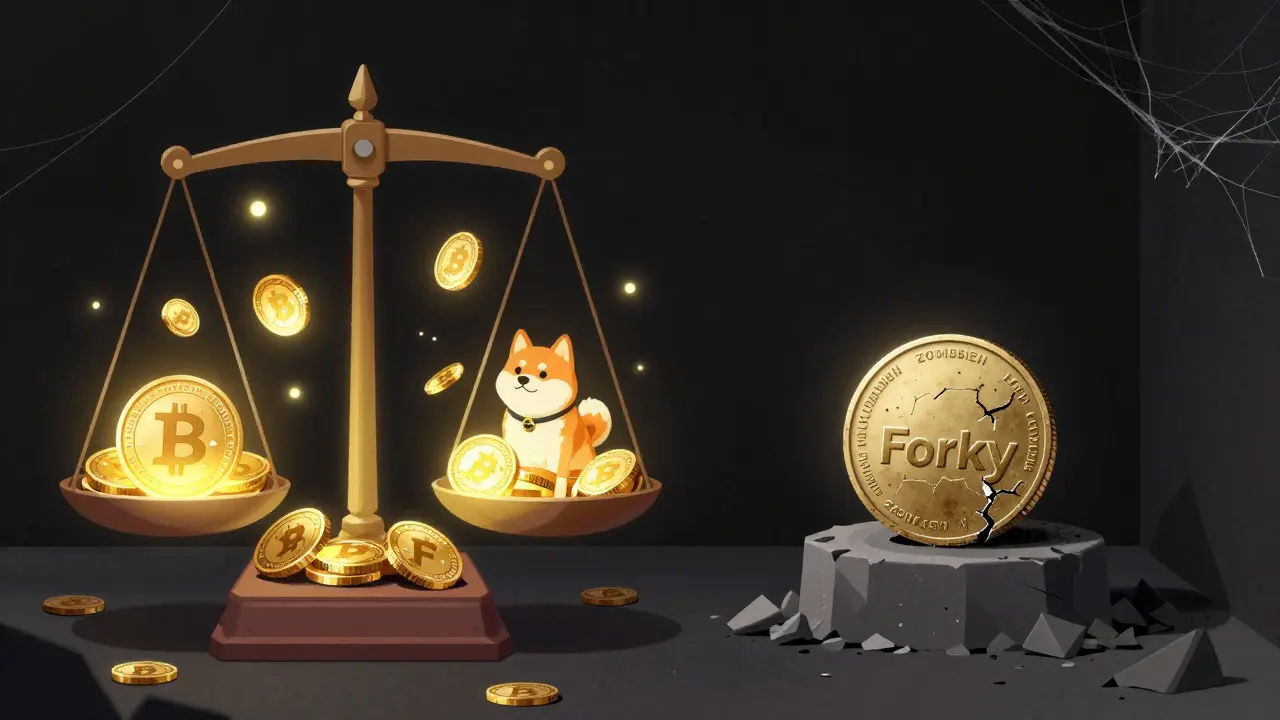 Comparison of vibrant major meme coins versus a dusty, abandoned Forky token.