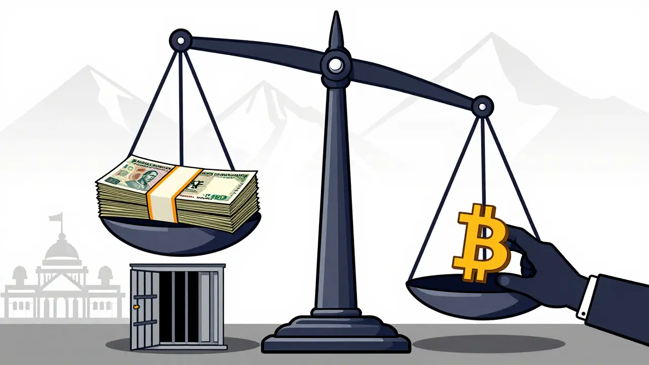 Conceptual art of a scale weighing 10 million NPR against a Bitcoin, tipping toward a prison cell.