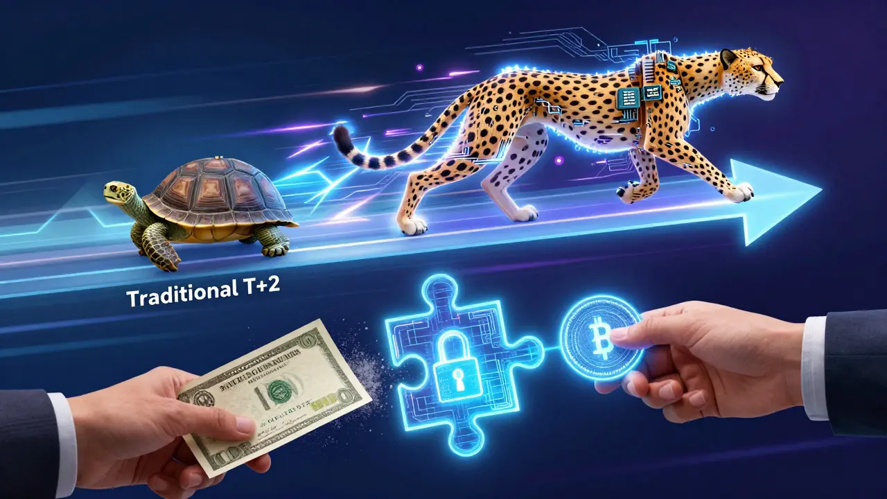 Conceptual art showing fast blockchain settlements replacing slow traditional processes.