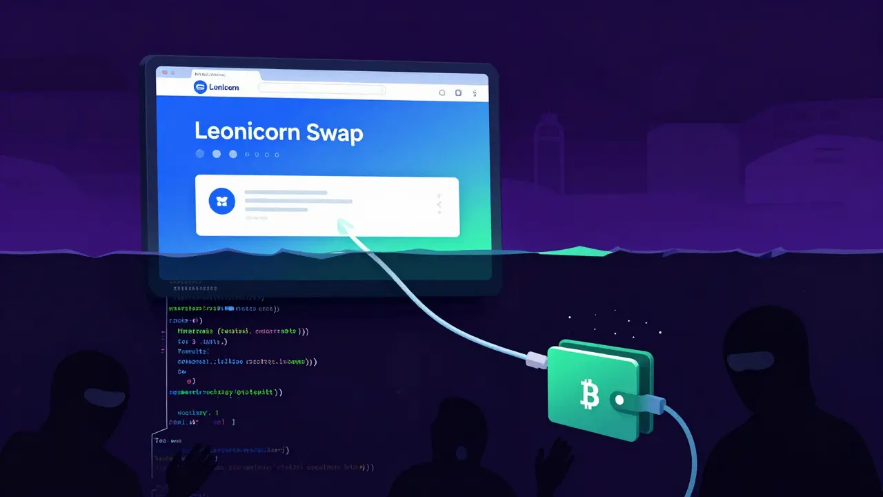 Digital illustration of a scam website draining funds from a crypto wallet.