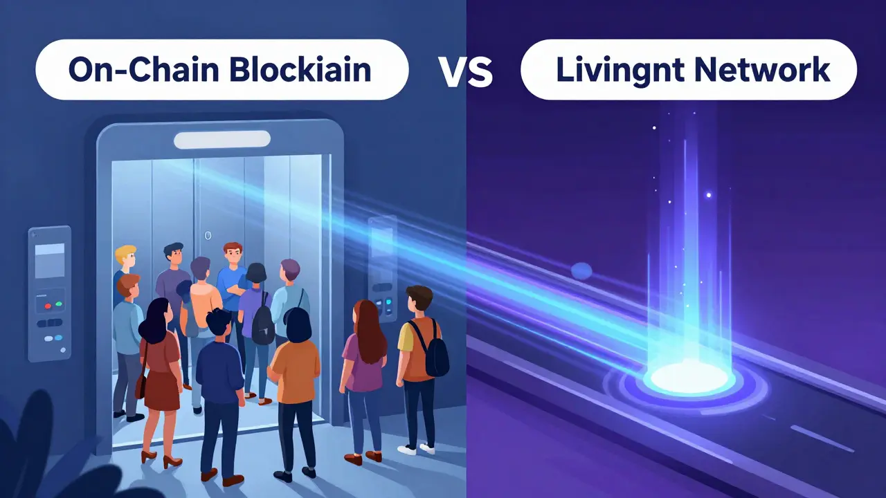Editorial art contrasting slow on-chain blockchain traffic with fast Lightning Network payments.