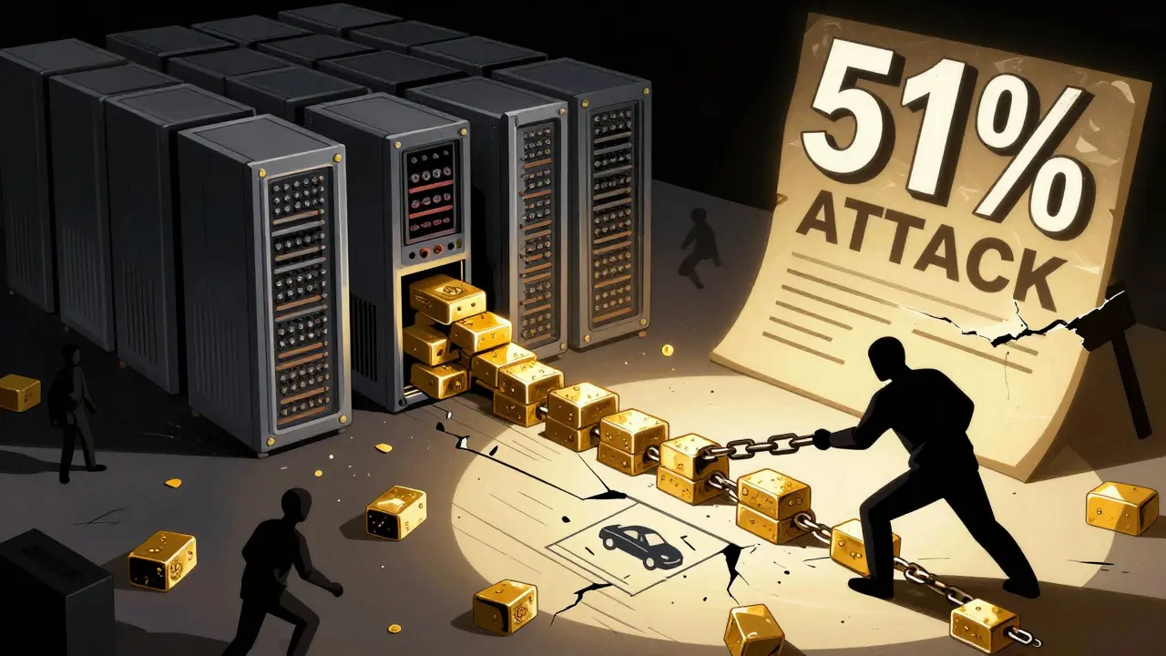 Editorial art of 51% attack rewriting blockchain history