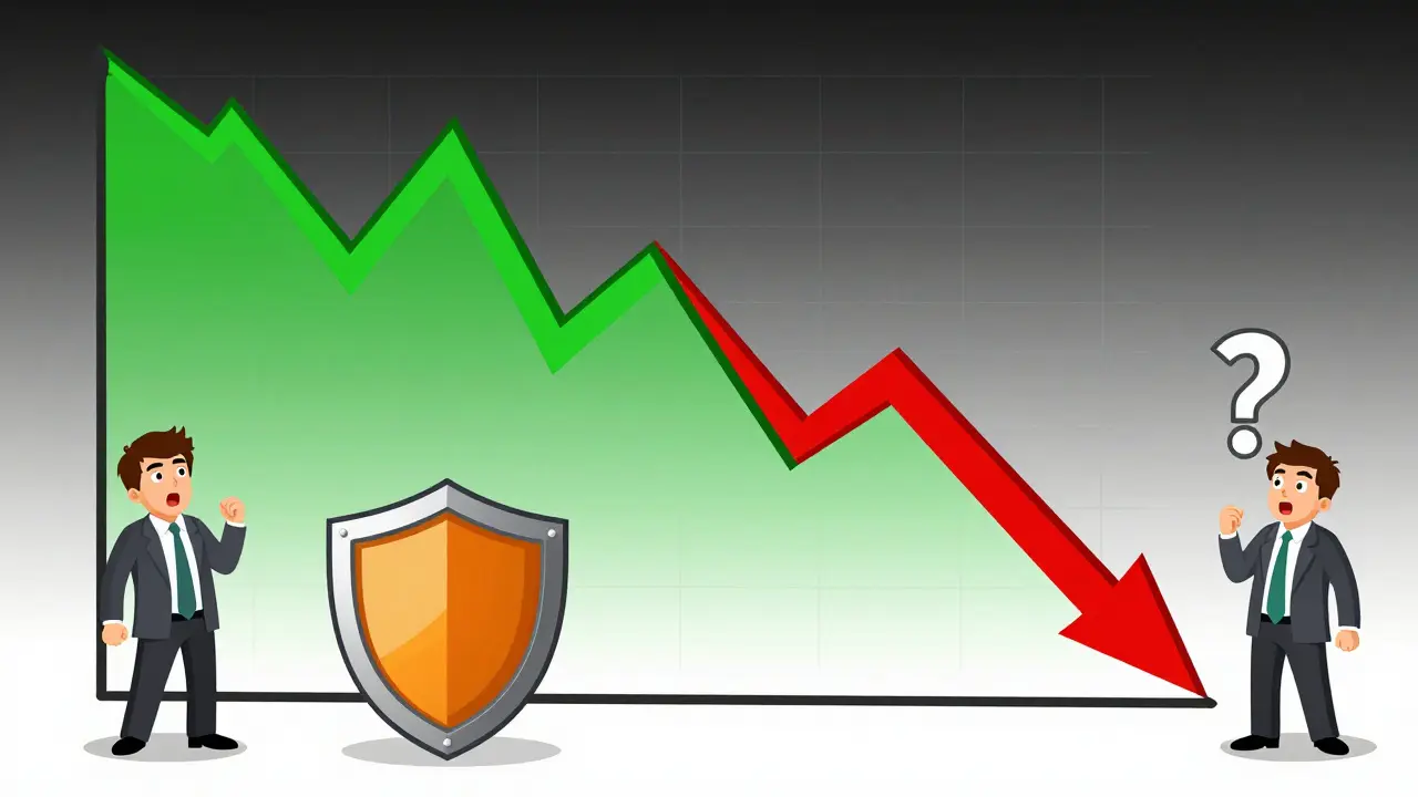 Editorial cartoon showing volatile crypto price charts and investor caution symbols.