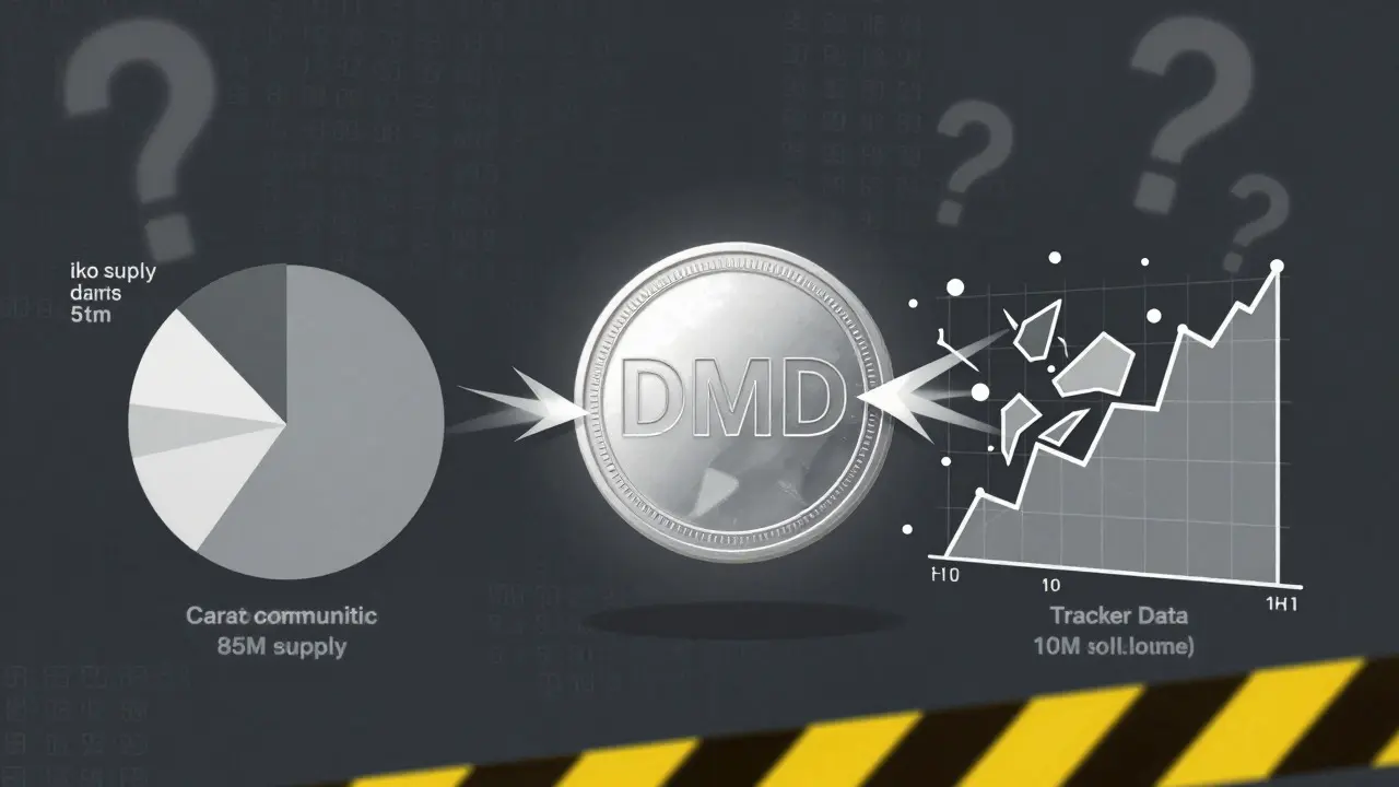 Graphic showing conflicting DMD token supply data and market transparency issues