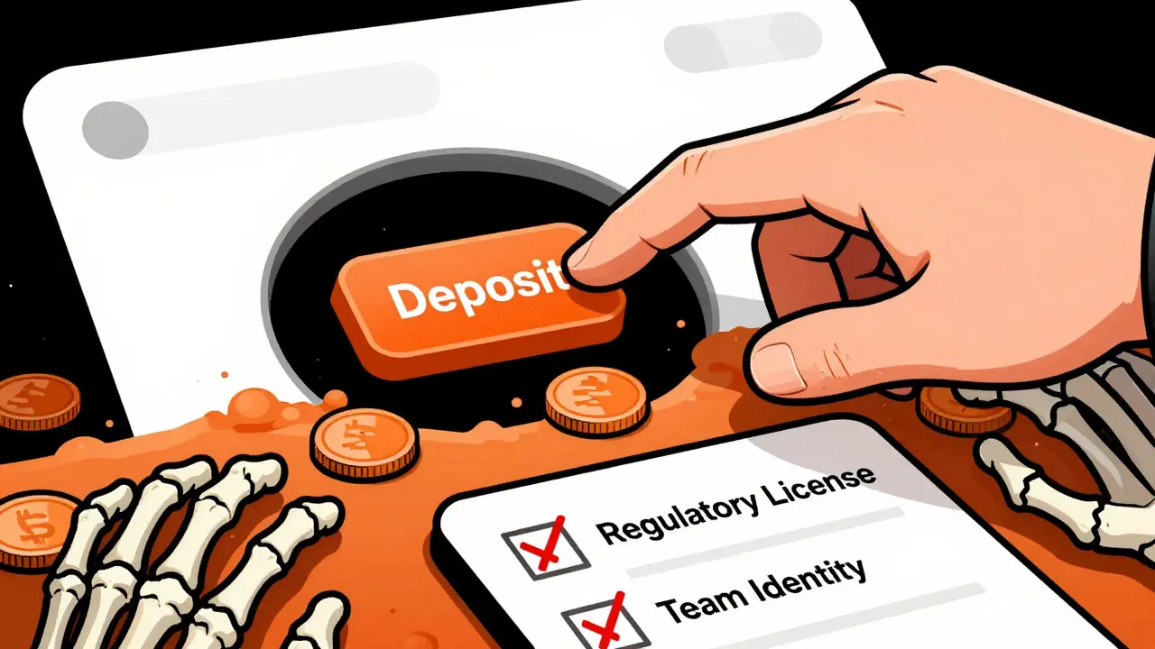 Hand hovering over deceptive deposit button with hidden traps below