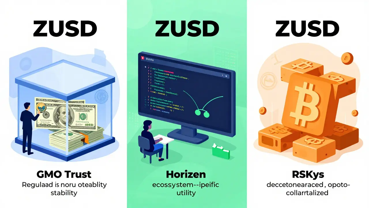Illustration comparing regulated, DeFi, and decentralized ZUSD types
