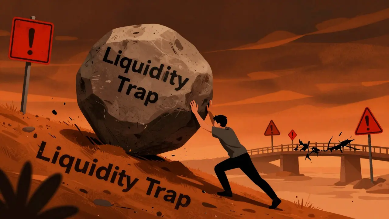 Illustration of an investor struggling with liquidity traps and failed trades.