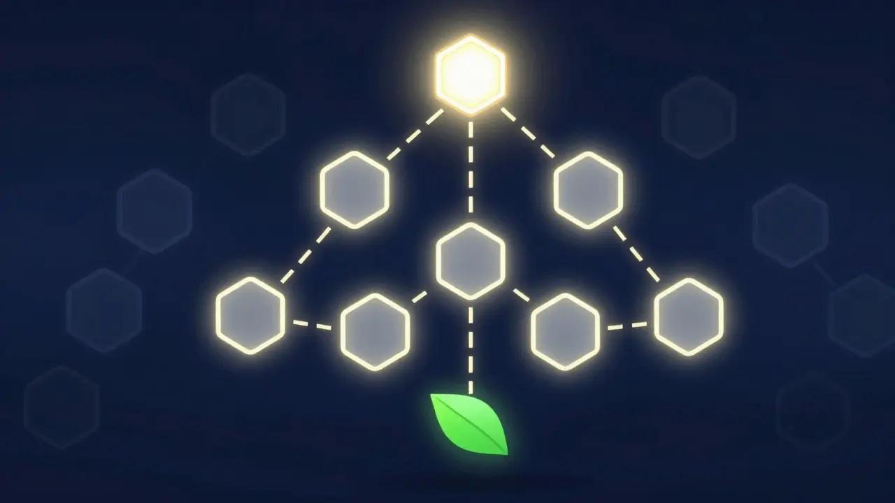 Illustration of binary Merkle tree highlighting path from transaction to root hash