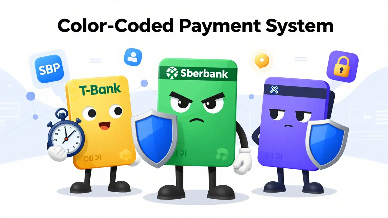 Illustration of green, yellow, and blue bank cards as characters