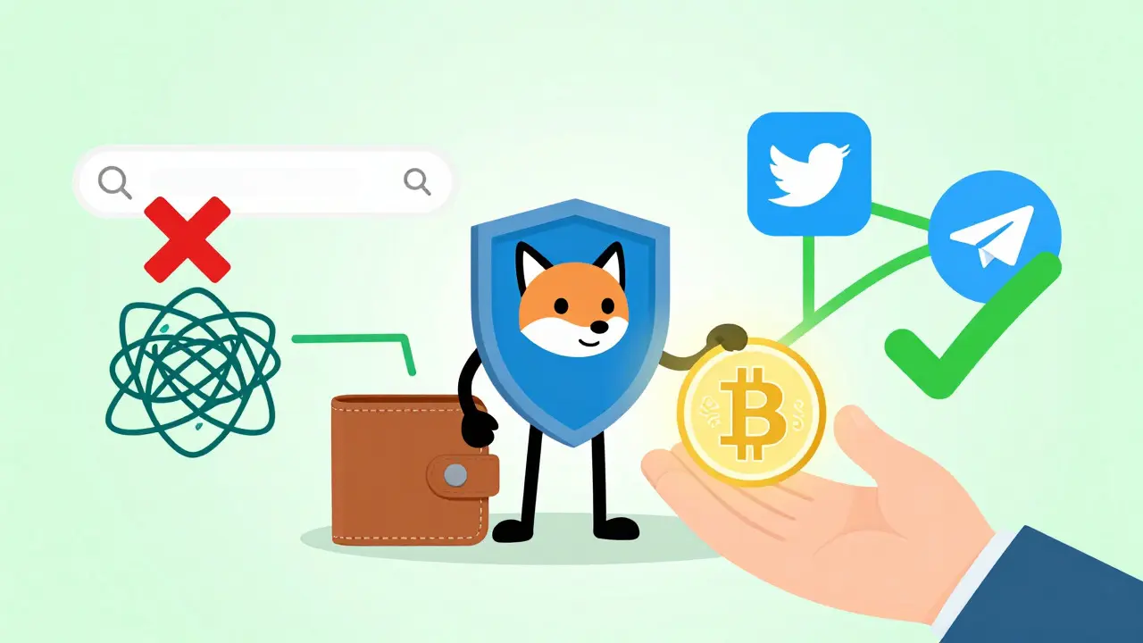 Illustration of safe crypto claiming steps avoiding phishing links