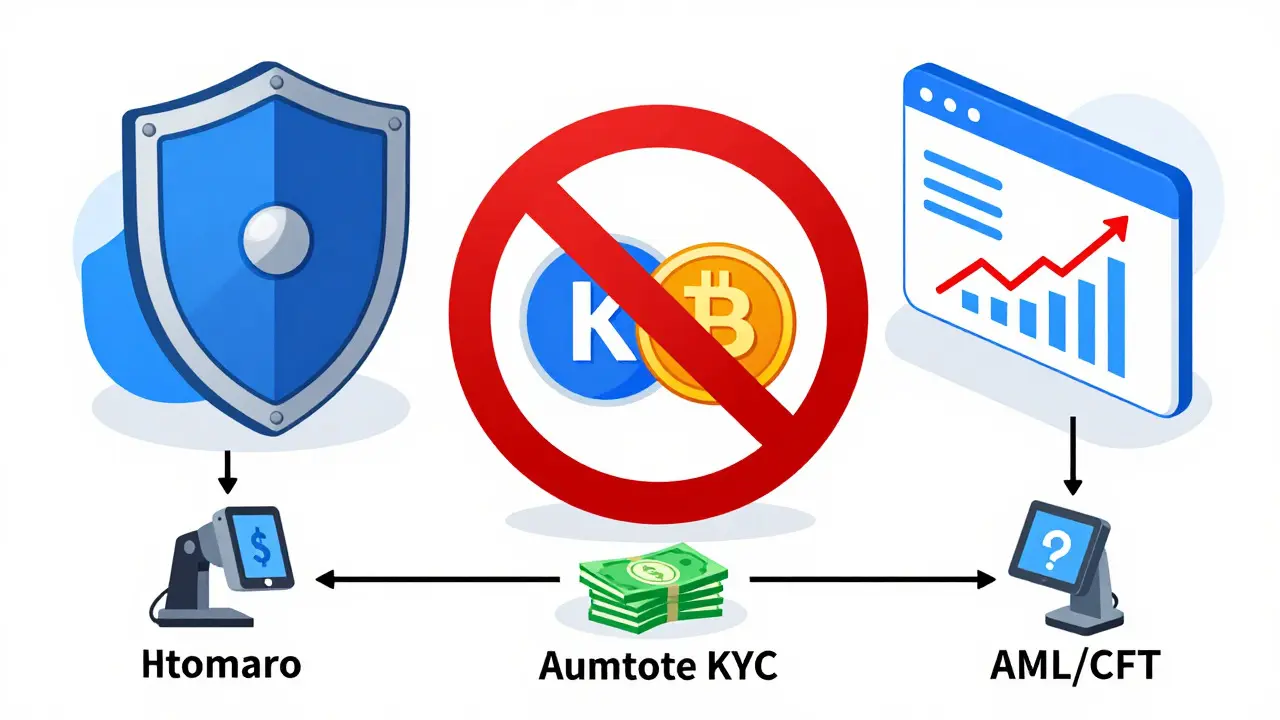 Illustration showing crypto services, banned privacy coins, and automated KYC compliance checks